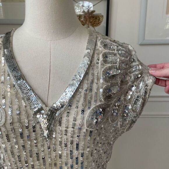 Vintage 70s Judith Ann Creations Ivory Silver Embellished Bling Sequins Pearl To - Picture 2 of 7